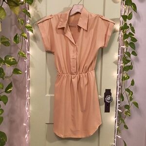 Women's Singwing Cinch Waist Mid Button Up Short sleeve Tan Nude Dress S